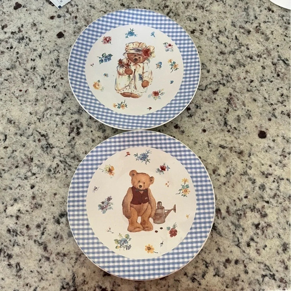 Set of 2 Hallmark Cards Teddy Bear with Floral Gingham Ceramic Plates - Picture 1 of 8